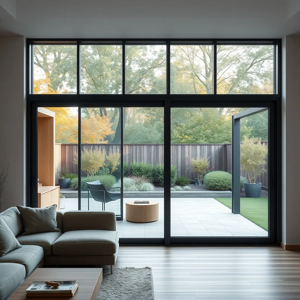 Baie coulissante aluminium gris anthracite dans un salon contemporain