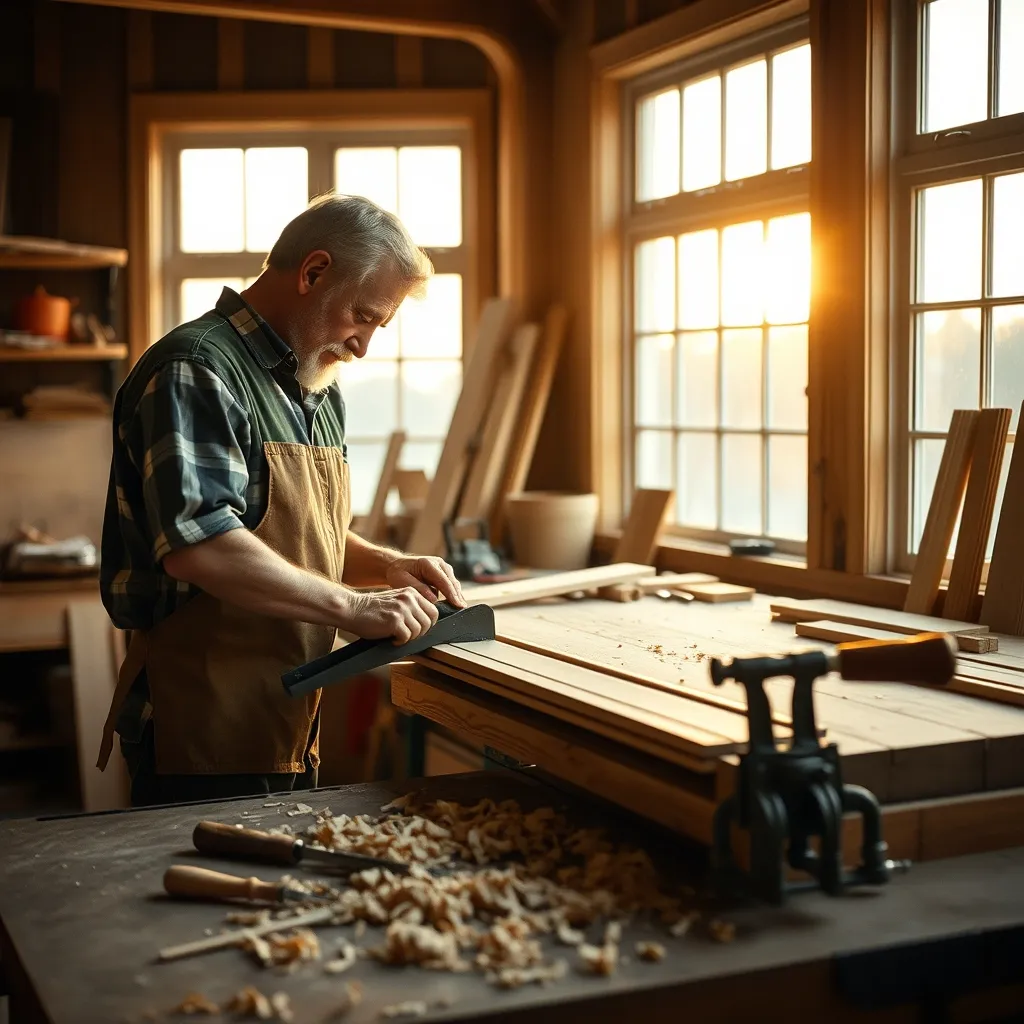 Artisan menuisier travaillant un châssis de fenêtre en chêne dans son atelier montpelliérain