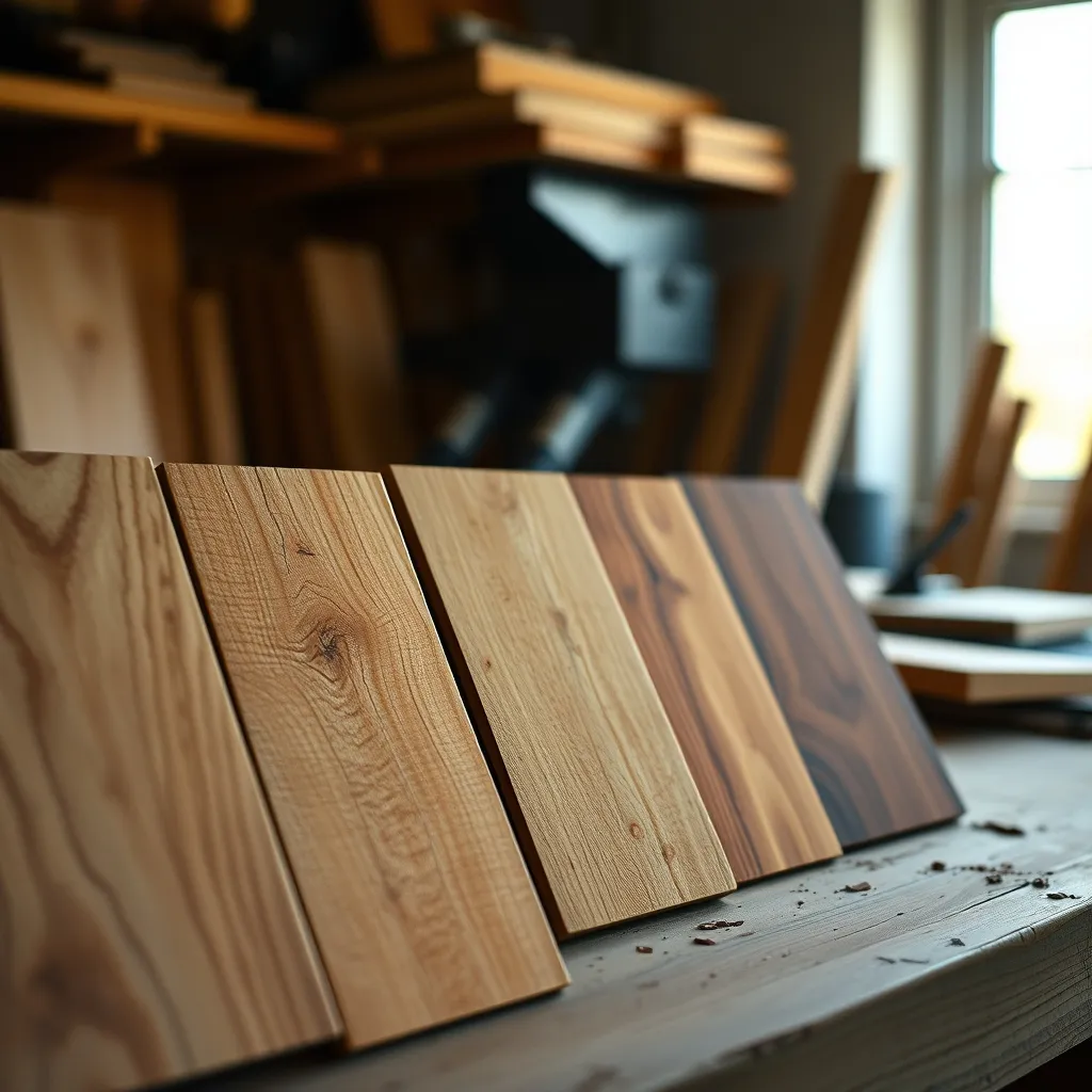 Échantillons d'essences de bois pour menuiserie : chêne, mélèze, red cedar et bois exotique
