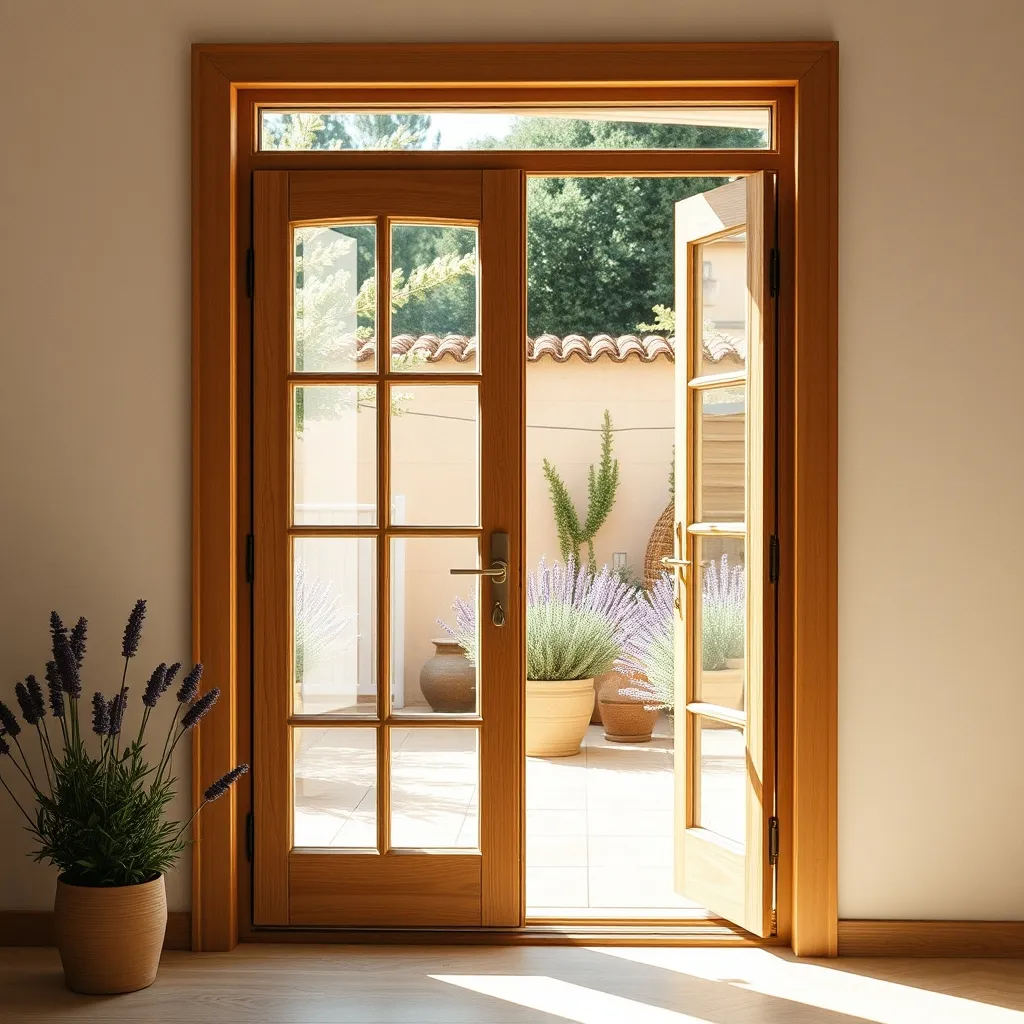 Porte-fenêtre bois double vitrage ouvrant sur une terrasse ensoleillée à Montpellier