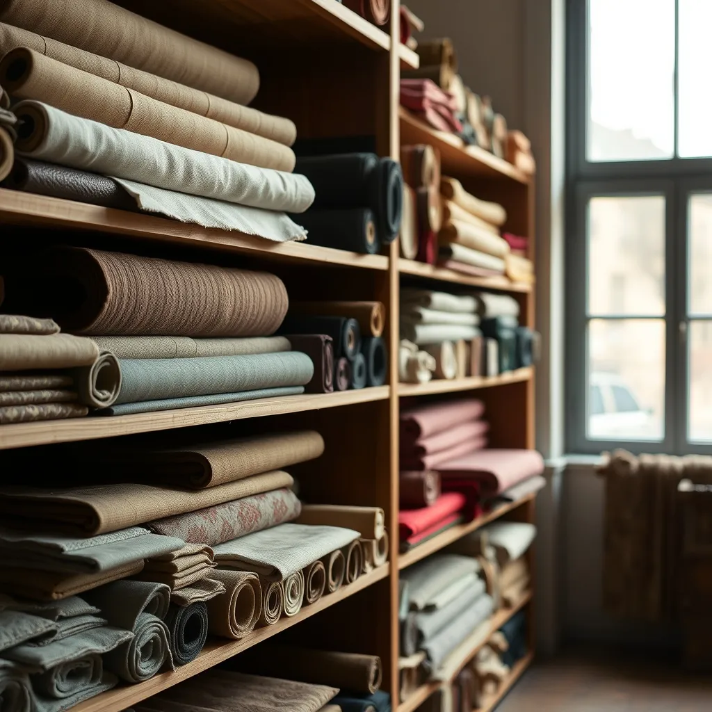 Rouleaux de tissus d'ameublement en lin, velours et jacquard exposés en boutique