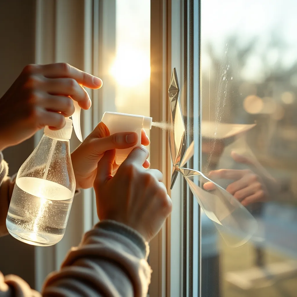 Application du papier aluminium sur le vitrage à l'aide d'un vaporisateur d'eau