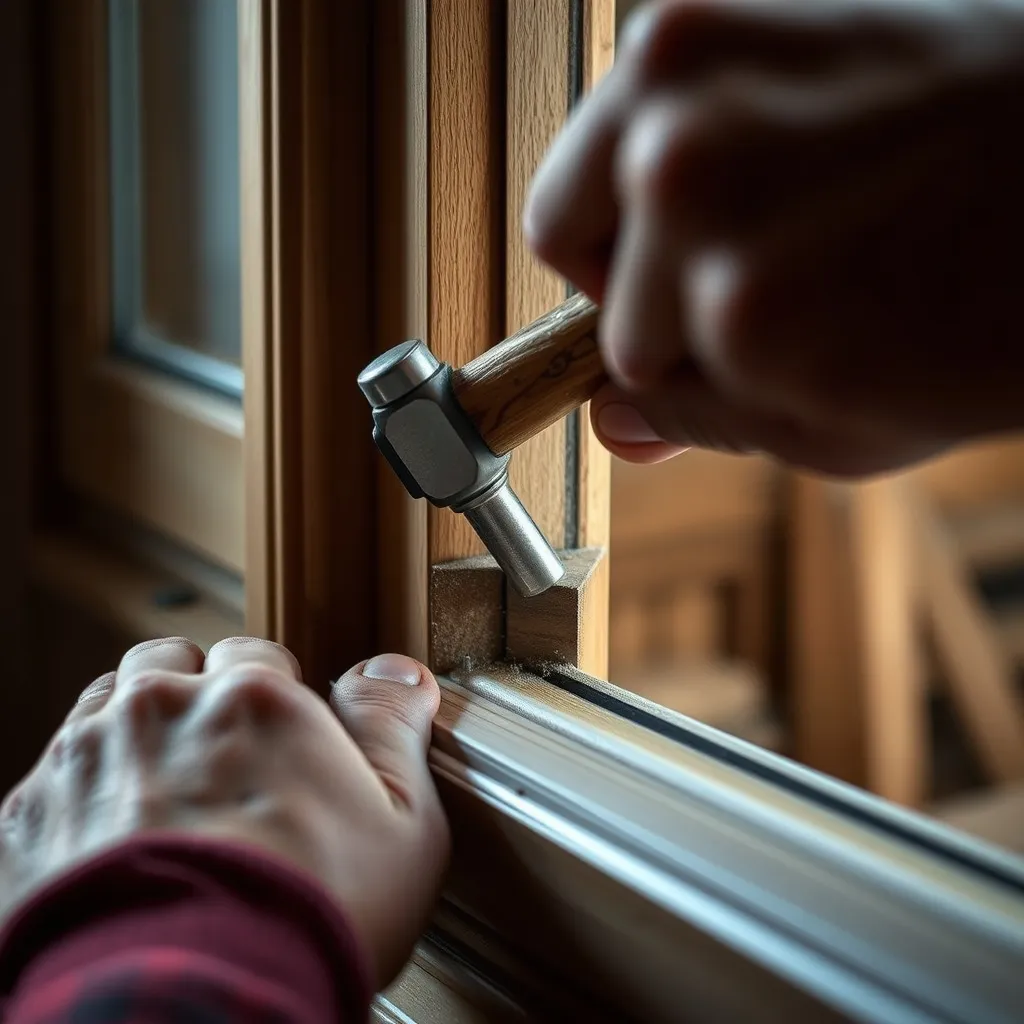 Fixation d'une parclose en chêne avec des pointes sans tête dans l'angle à 45°
