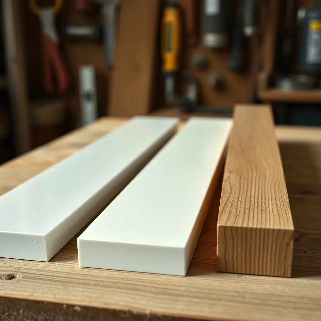 Comparaison de petits bois en PVC, aluminium et bois massif sur un établi