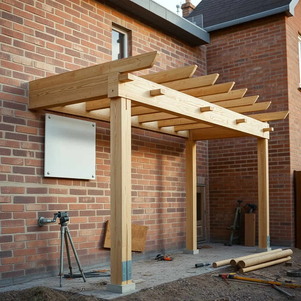 Structure de l'auvent en cours de montage avec panne sablière et poteaux sur platines
