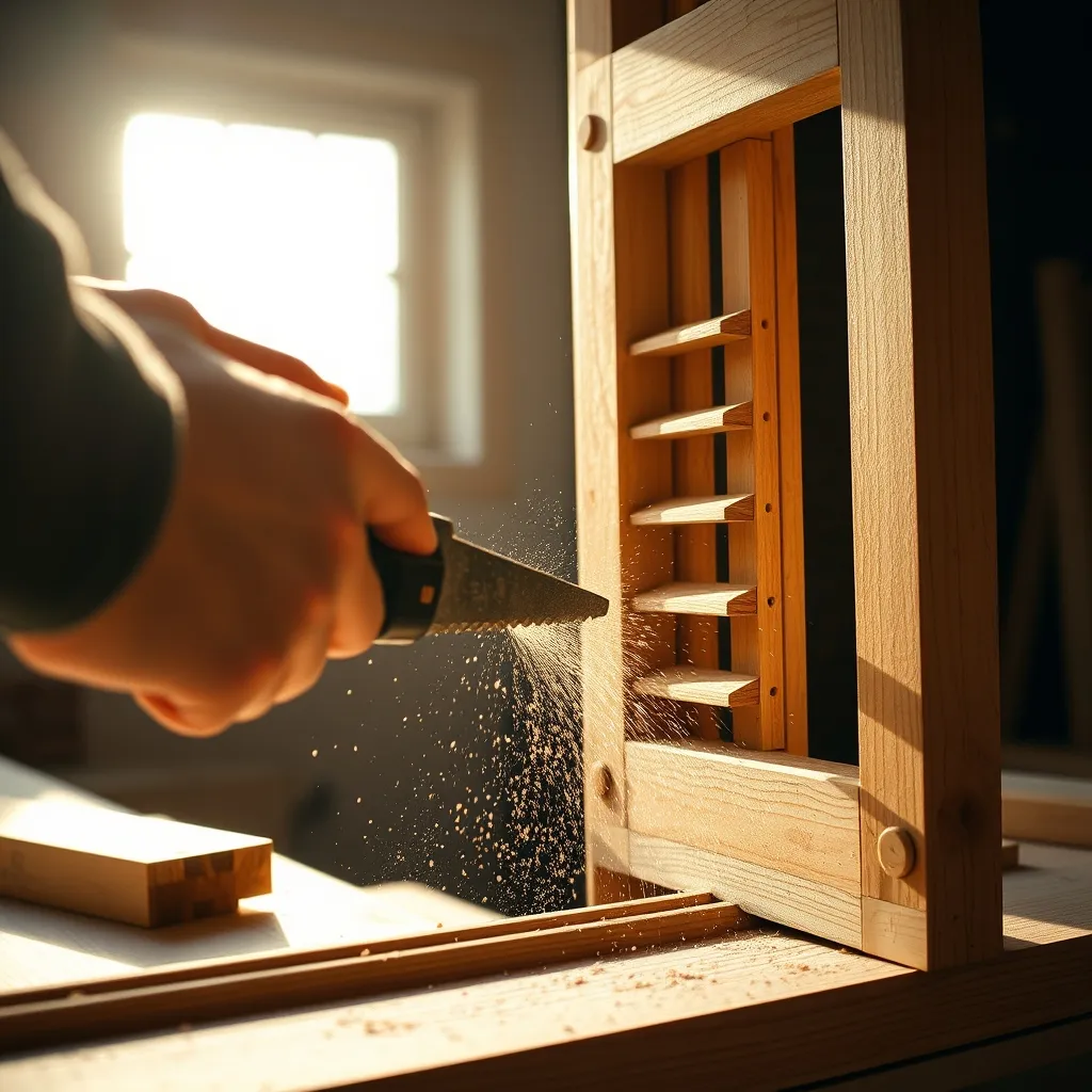 Découpe de la mortaise à la scie sauteuse dans le dormant de la fenêtre bois