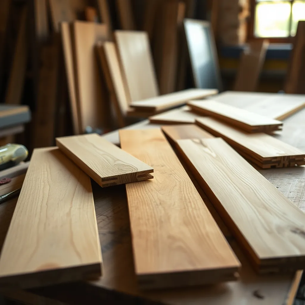 Échantillons d'essences de bois pour menuiserie : pin, chêne, méranti et bois exotique