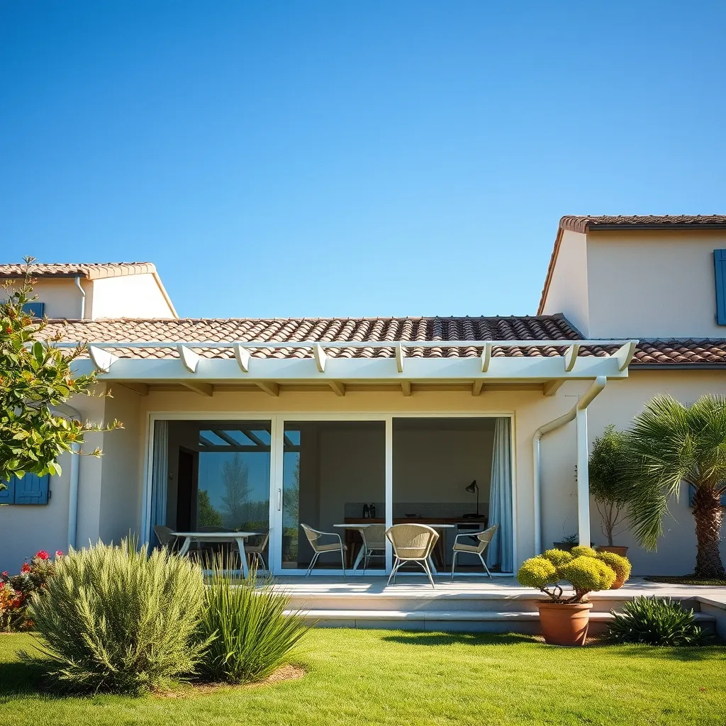 Véranda aluminium avec pergola bioclimatique installée sur une maison provençale