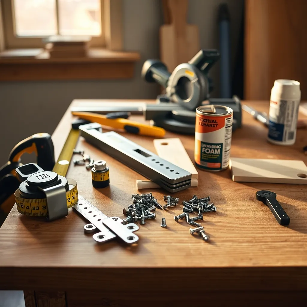 Ensemble des outils nécessaires à la pose d'un bloc-porte intérieur
