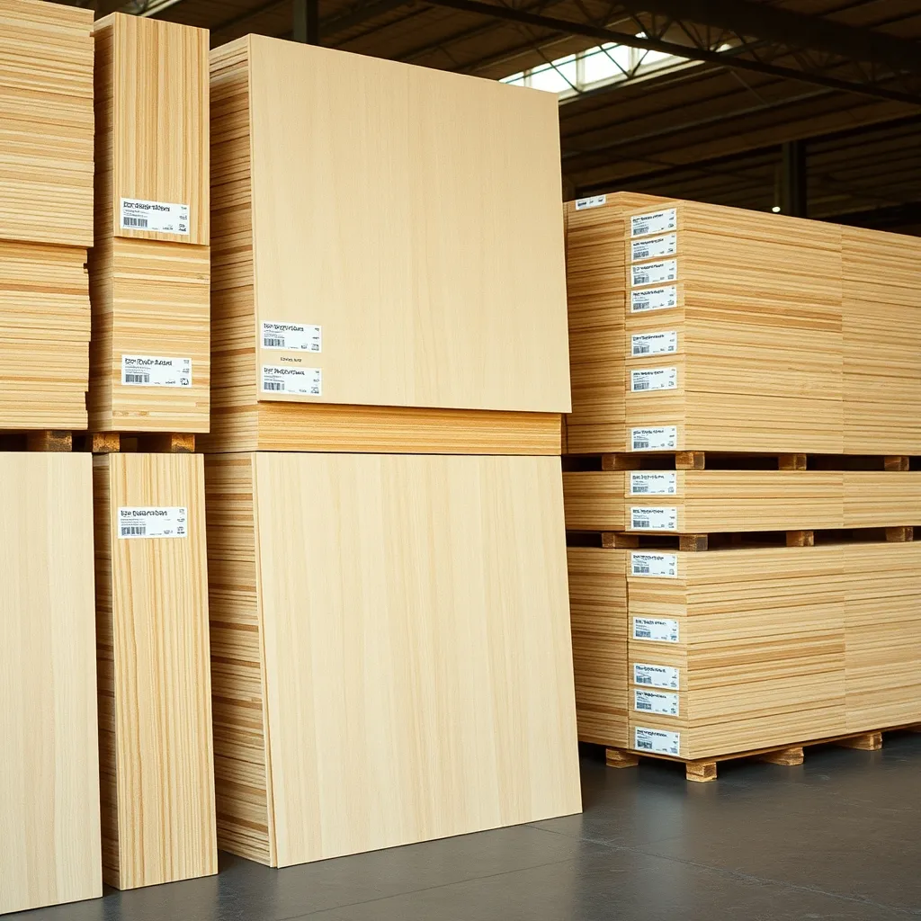 Panneaux de contreplaqué et de MDF stockés dans un négoce bois professionnel