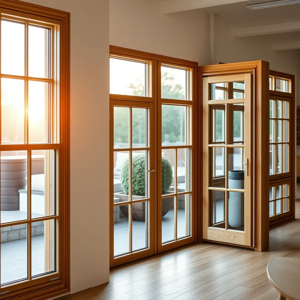 Fenêtres en chêne massif avec double vitrage exposées dans un showroom professionnel