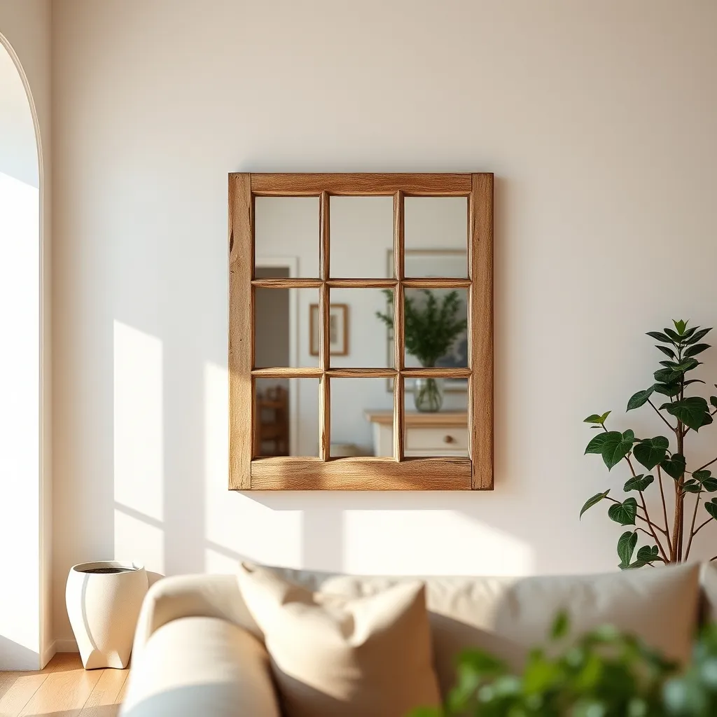 Vieille fenêtre en bois transformée en miroir mural décoratif dans un intérieur campagne chic