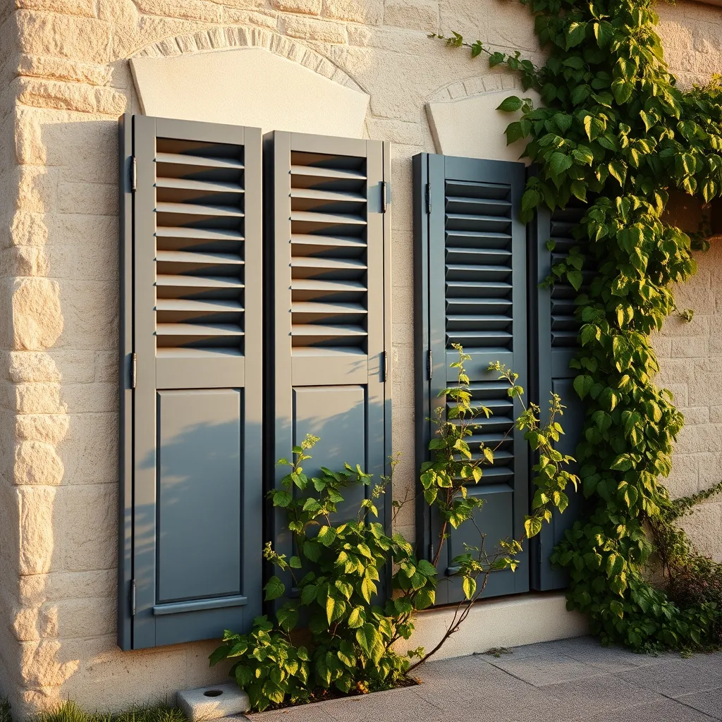 Volets battants aluminium gris anthracite sur une maison en pierre