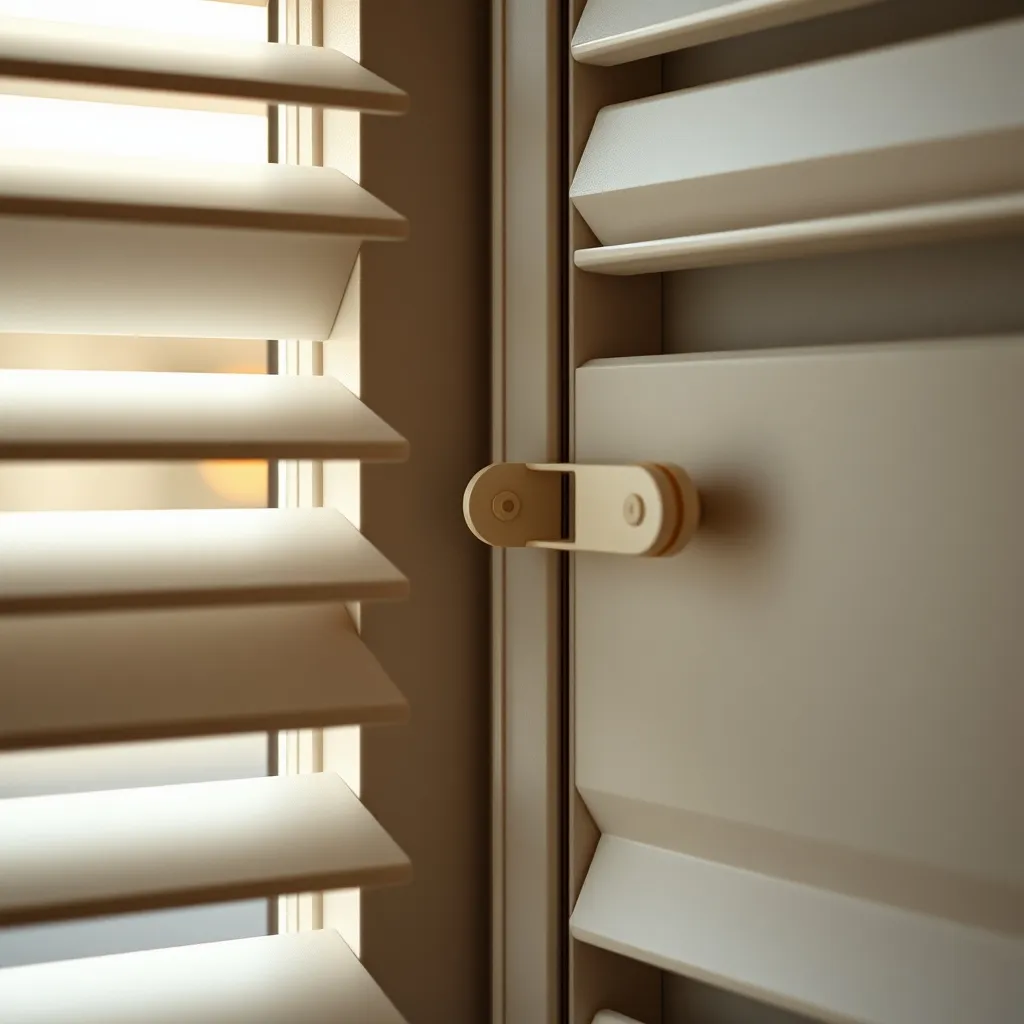 Détail des charnières et des lames persiennes d'un volet pliant PVC