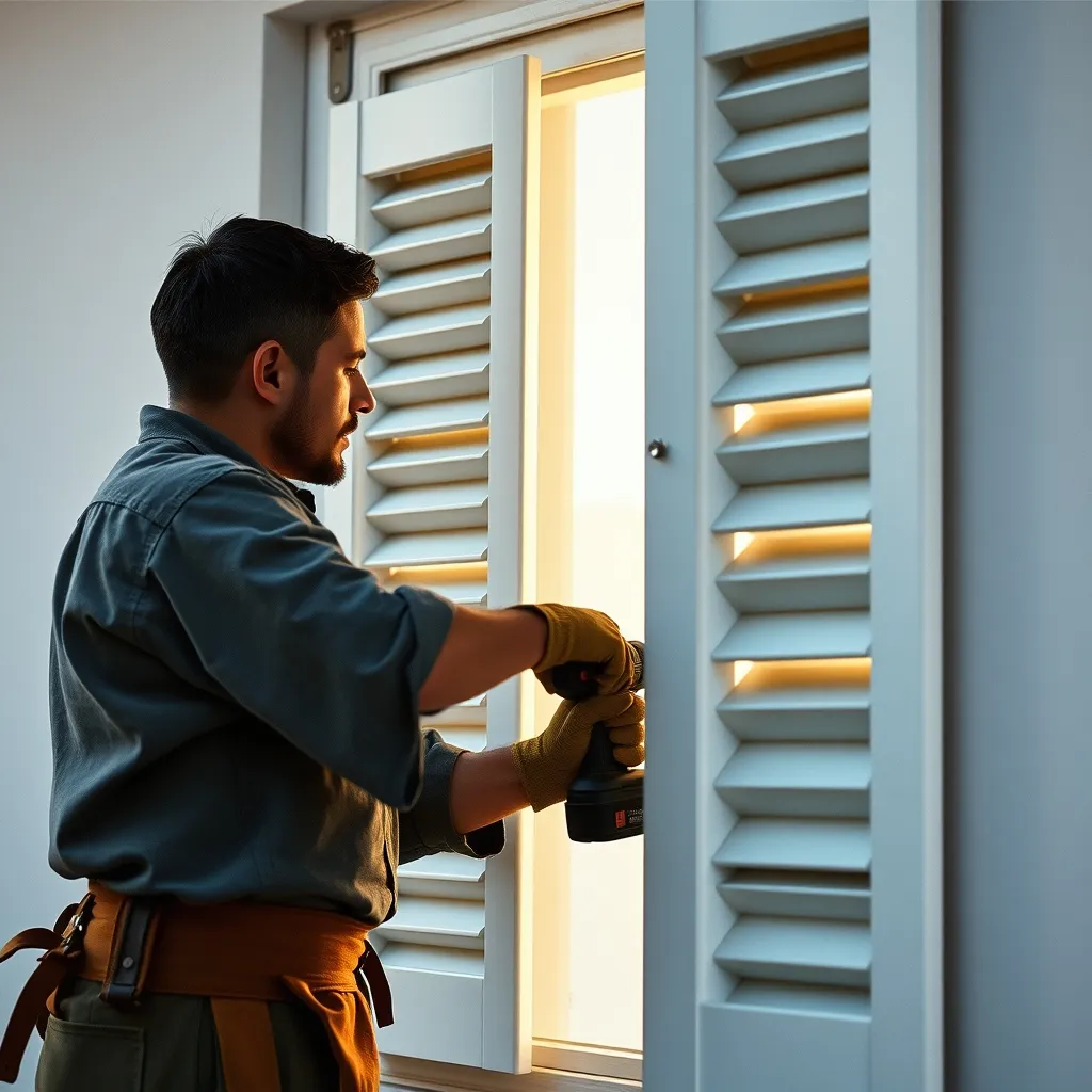 Pose d'un volet pliant PVC par un artisan menuisier sur une fenêtre en rénovation