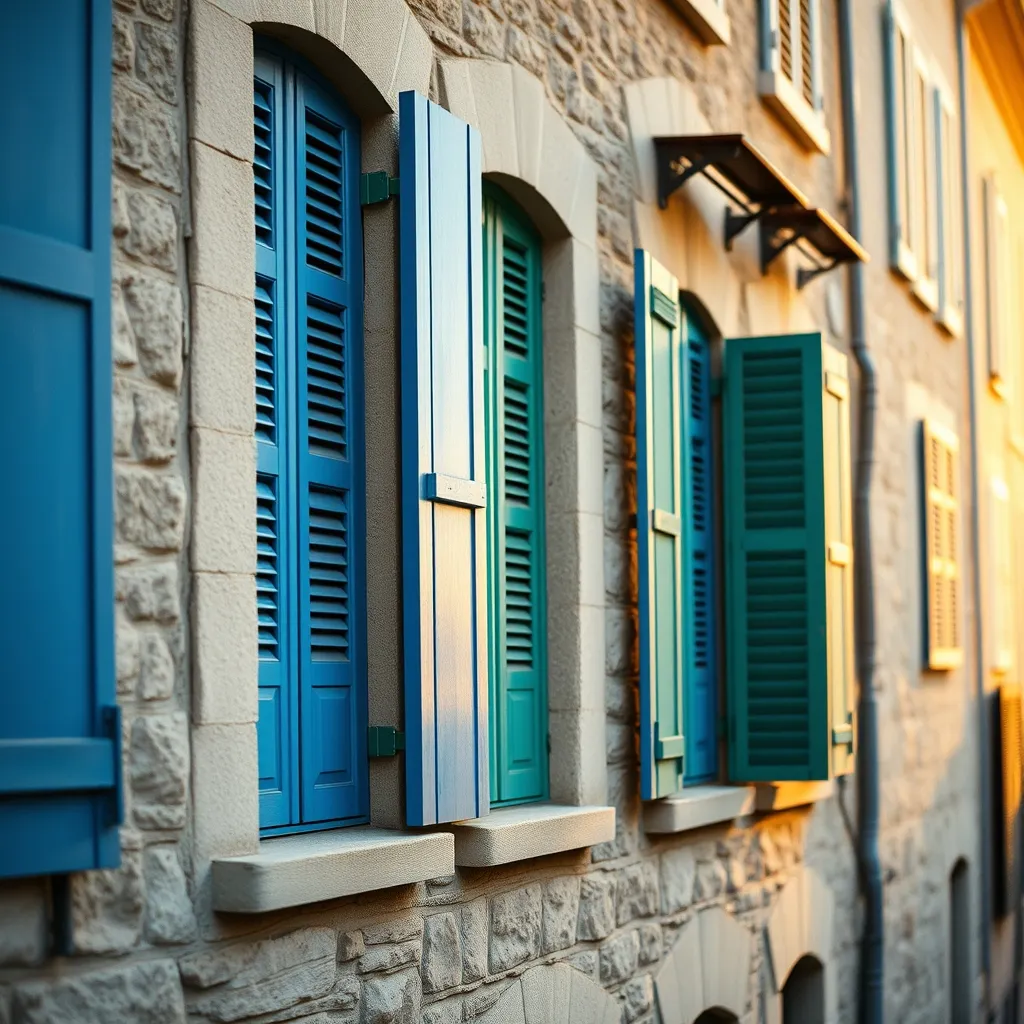 Volets battants aluminium thermolaqués dans différents coloris RAL sur une façade en pierre
