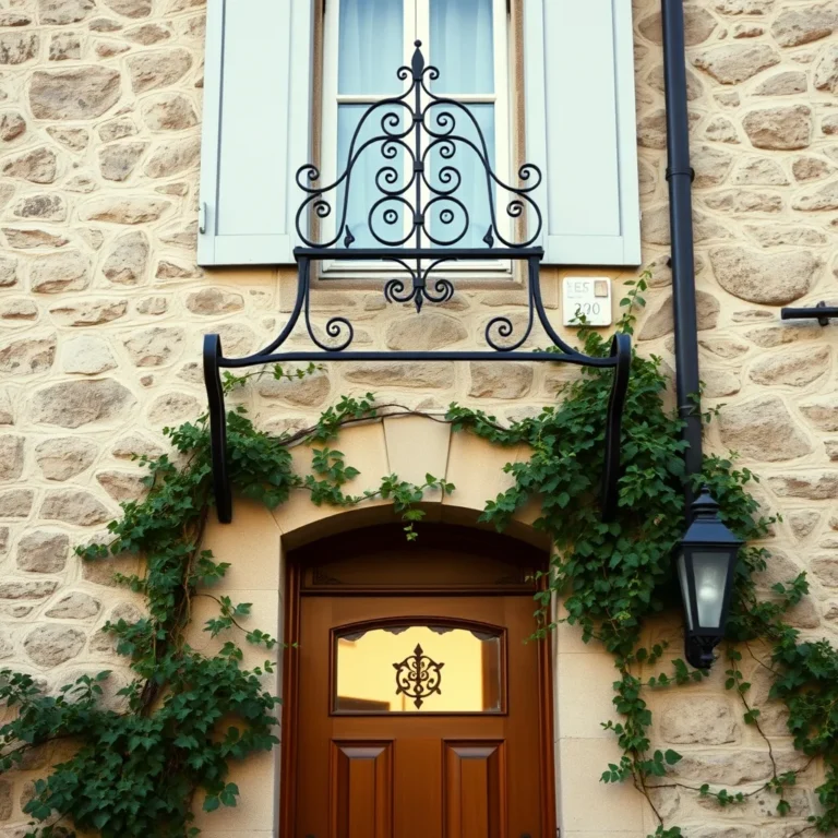 Marquise en fer forgé et verre au-dessus d'une porte d'entrée en pierre
