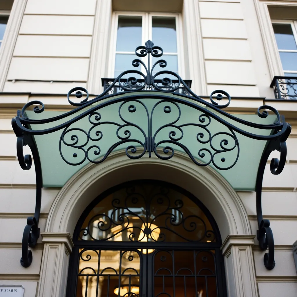 Marquise en fer forgé et verre au-dessus d'une entrée d'immeuble haussmannien