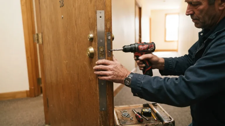 Pose d'un blindage en acier sur une porte d'entrée en bois par un serrurier professionnel