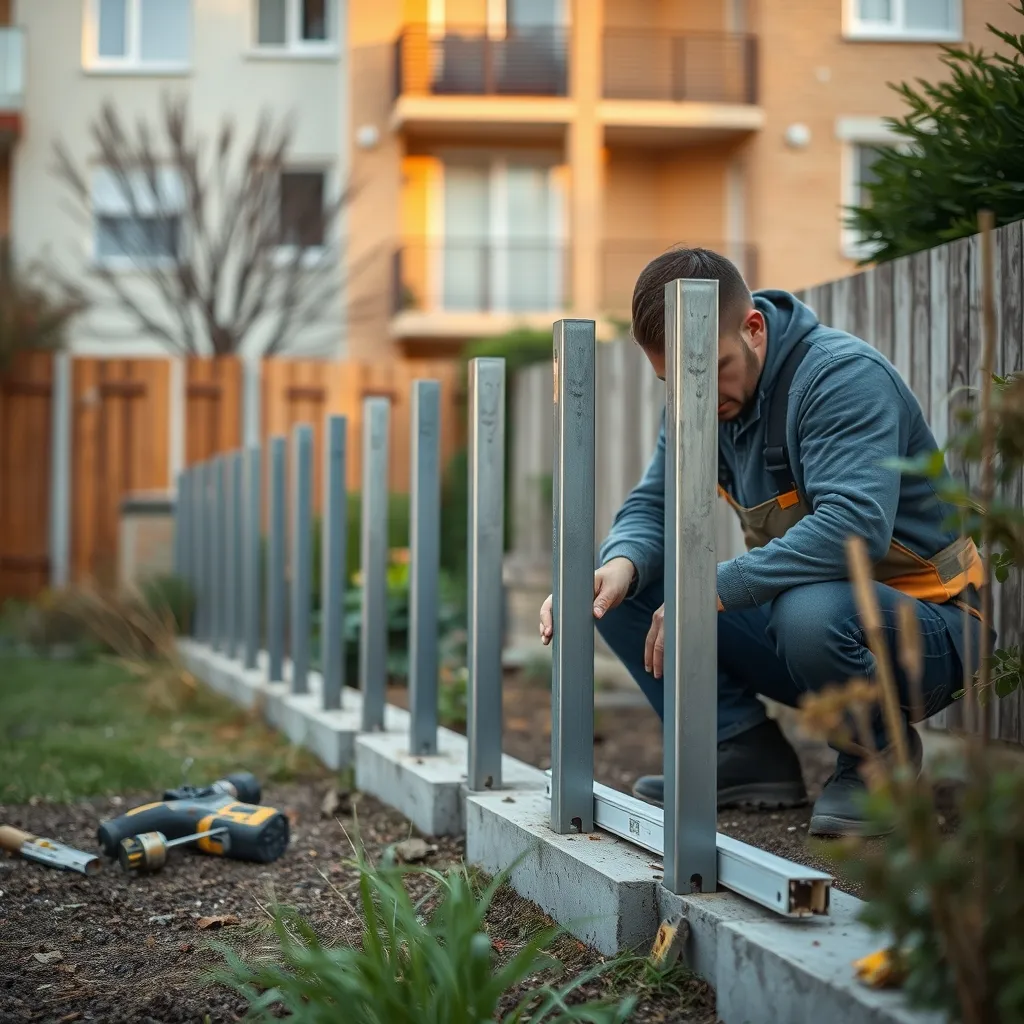 Pose de poteaux de clôture aluminium sur plots béton dans un jardin de copropriété