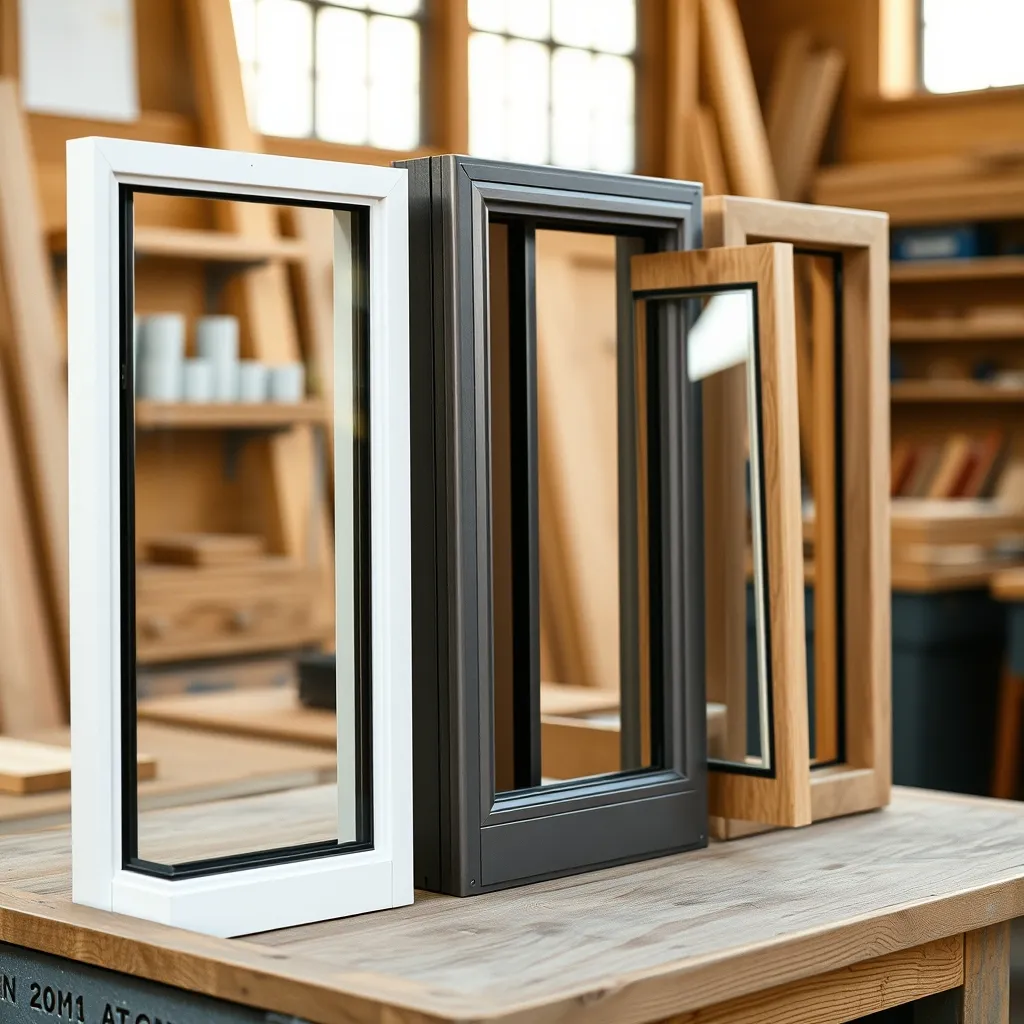Comparaison de profilés PVC, aluminium et bois sur un établi d'atelier