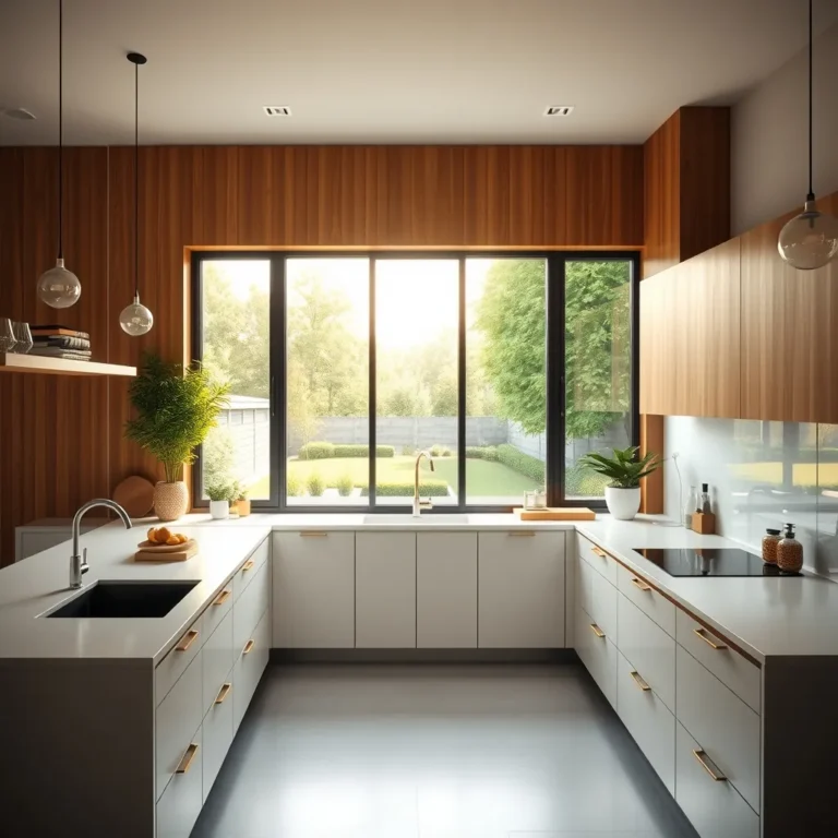 Cuisine moderne avec fenêtre panoramique ouvrant sur un jardin verdoyant