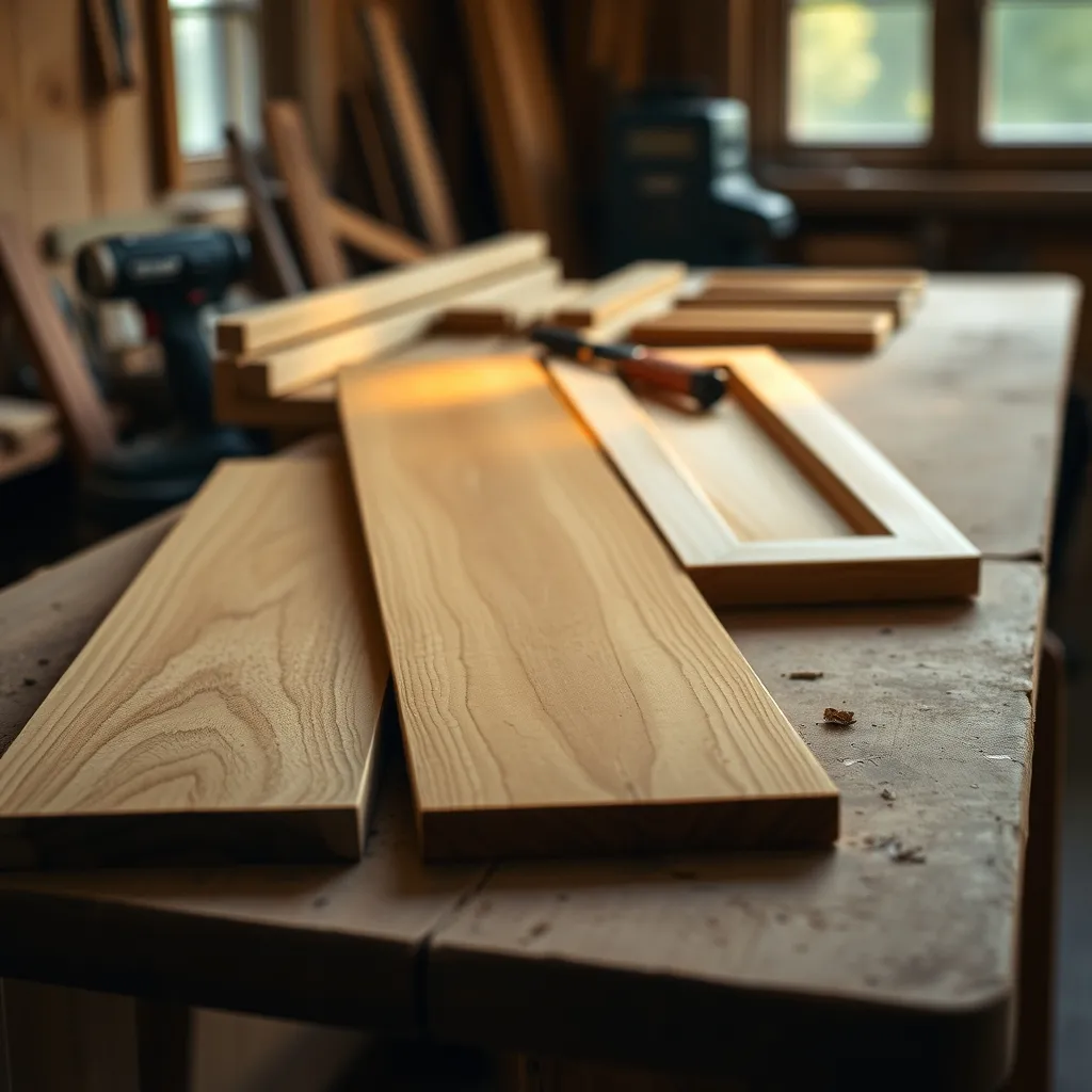 Échantillons de bois pour encadrement de fenêtre : chêne, méranti et pin sur un établi d'atelier