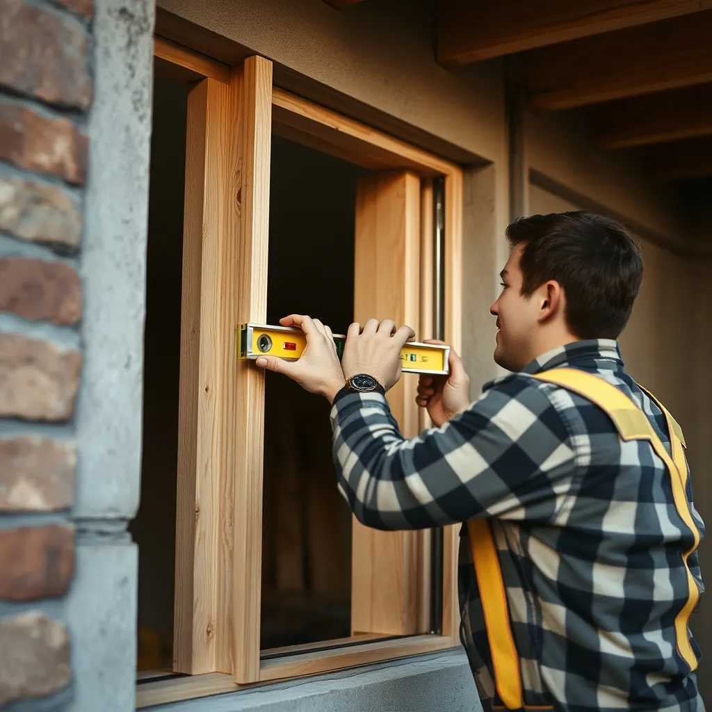 Menuisier vérifiant le niveau lors de la pose d'un encadrement de fenêtre en bois