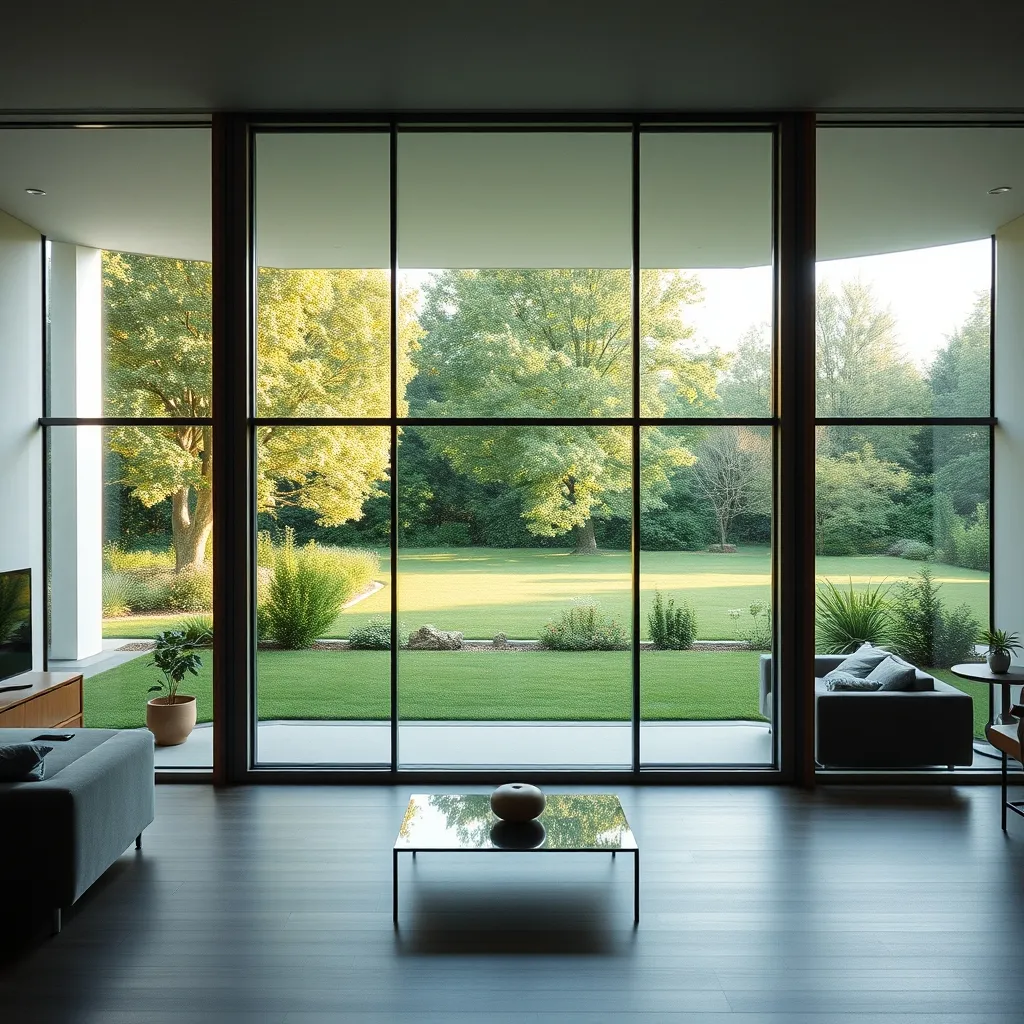 Fenêtre panoramique en aluminium ouvrant sur un jardin paysager