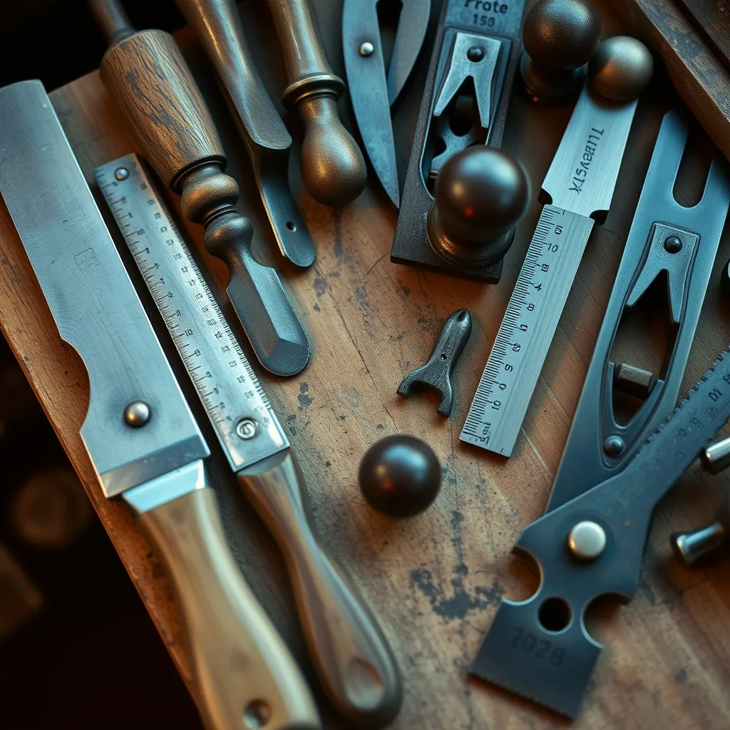 Outils traditionnels de menuiserie disposés sur un établi en bois massif
