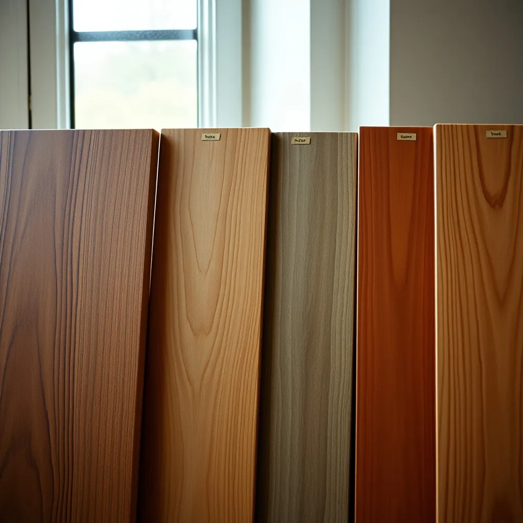 Échantillons d'essences de bois utilisées en menuiserie : chêne, méranti, moabi, pin et red cedar
