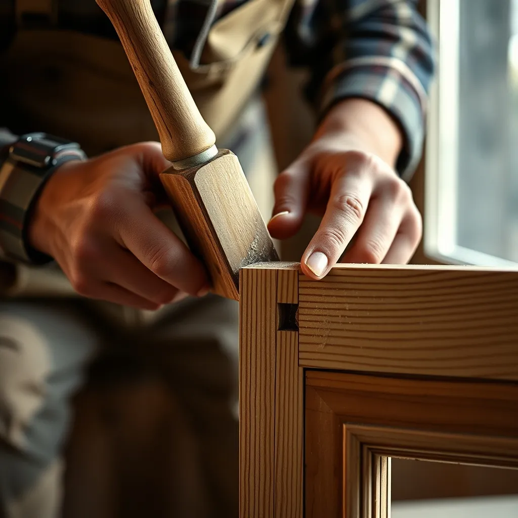 Assemblage tenon-mortaise réalisé à la main sur un châssis de fenêtre en bois