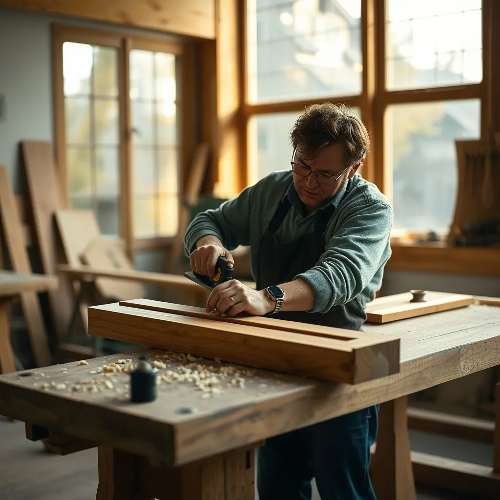Artisan menuisier travaillant un cadre de fenêtre en chêne massif dans son atelier