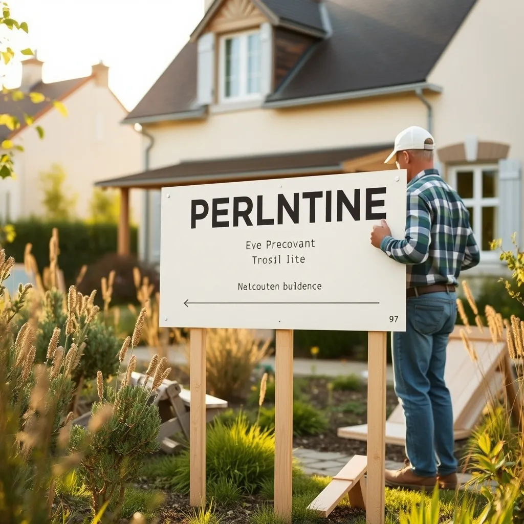 Installation d'un panneau permis de construire sur piquets en bois traité