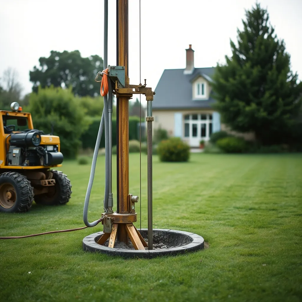 Forage vertical en cours dans un jardin pour l'installation de sondes géothermiques