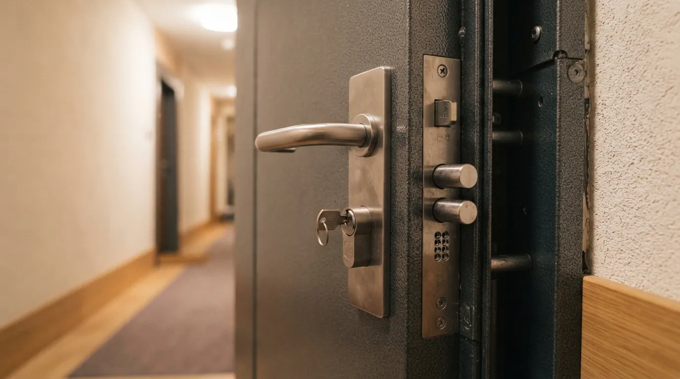Bloc-porte blindé certifié A2P avec serrure multipoints et cadre renforcé, installé dans une entrée d'appartement