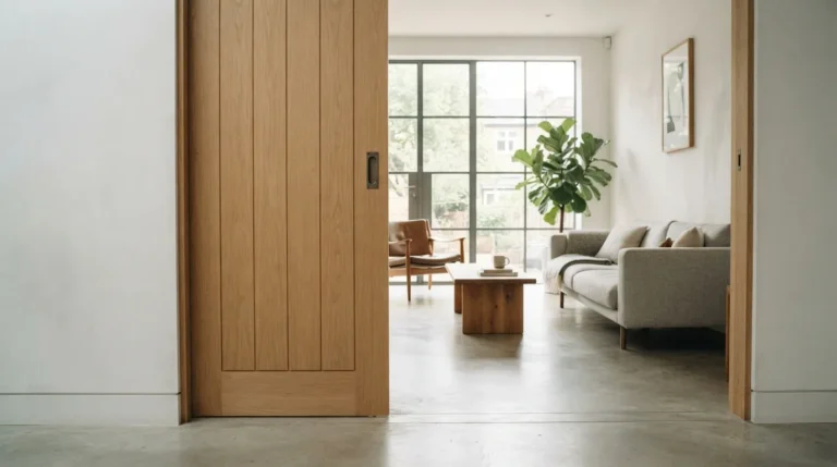 Porte coulissante à galandage en finition bois clair intégrée dans une cloison de distribution