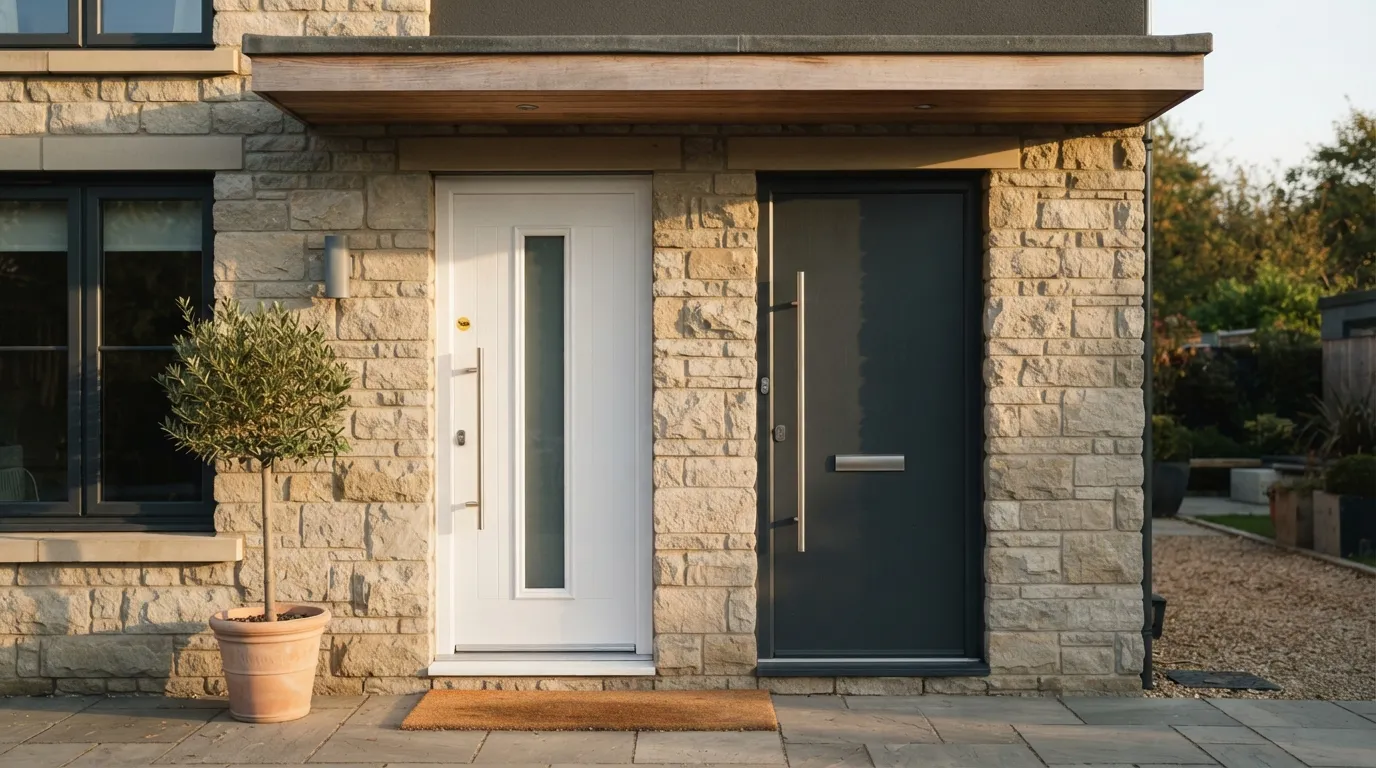 Porte d'entrée en PVC blanc et porte en aluminium anthracite côte à côte sur une façade contemporaine