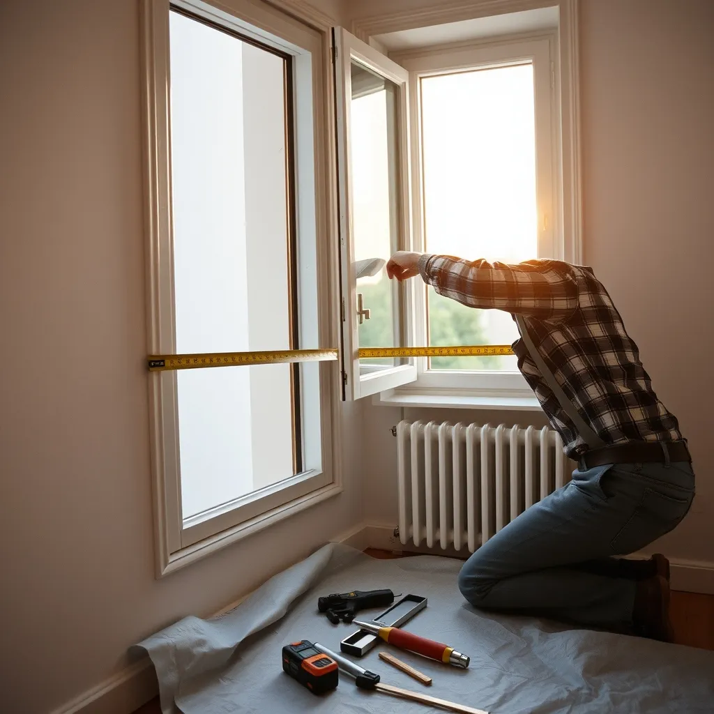 Un menuisier prend les cotes du tableau avant la pose d'une fenêtre PVC