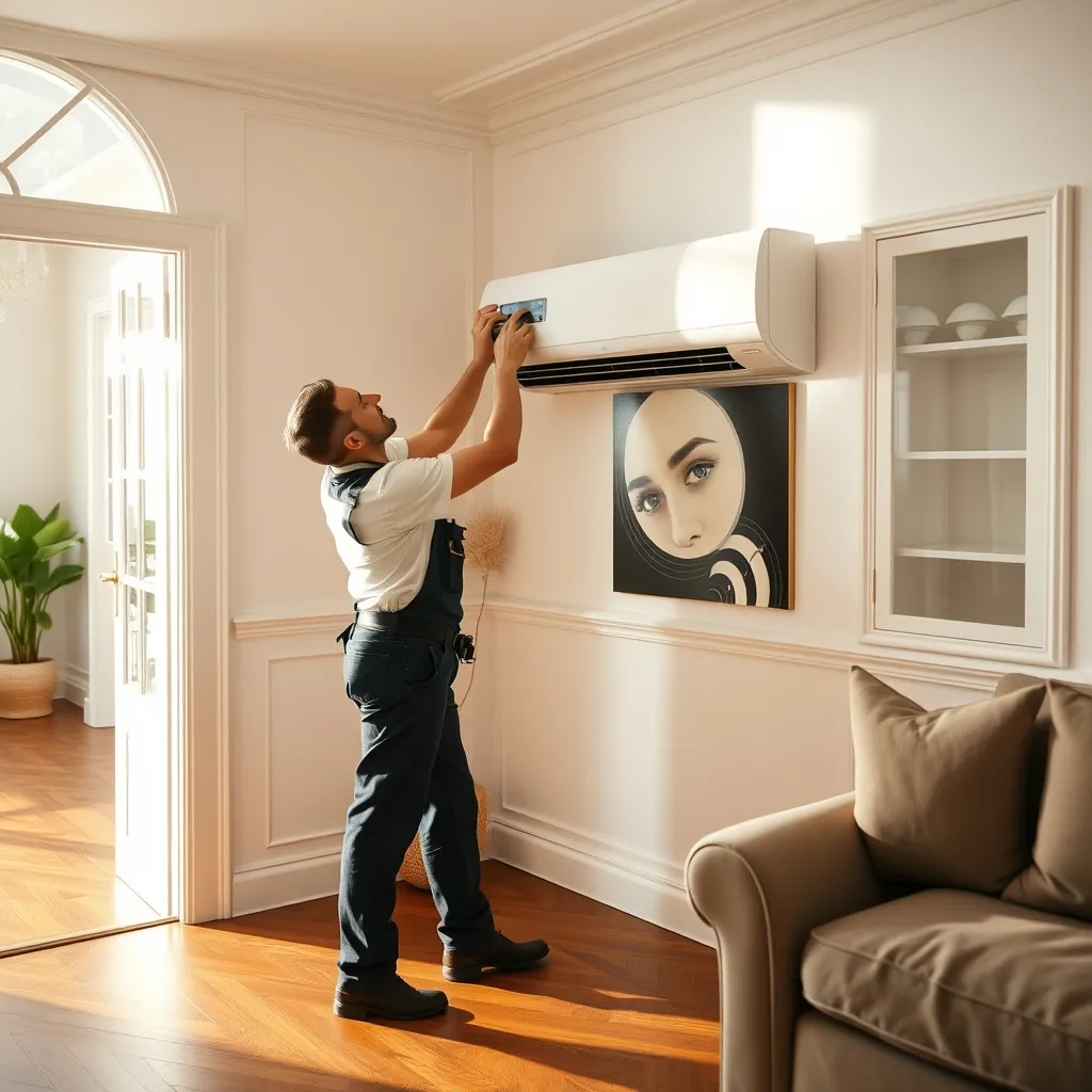 Installation d'un split mural de PAC air-air dans un salon par un technicien qualifié