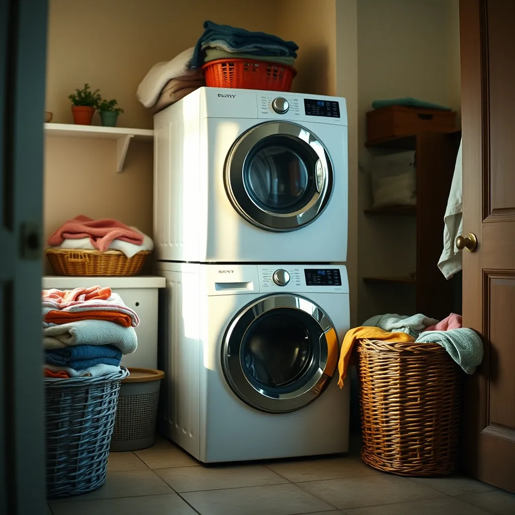 Buanderie familiale équipée d'un lave-linge et d'un sèche-linge superposés