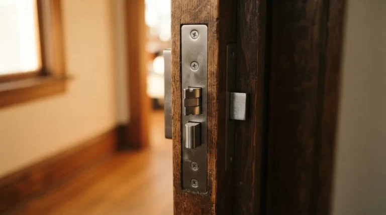 Serrure multipoints installée sur une porte d'entrée en bois : le pêne central engagé dans la gâche du dormant