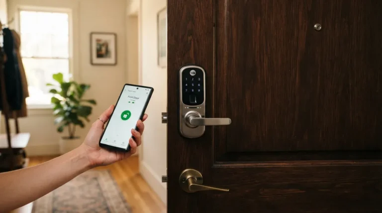 Serrure connectée installée sur une porte d'entrée, pilotée par application mobile