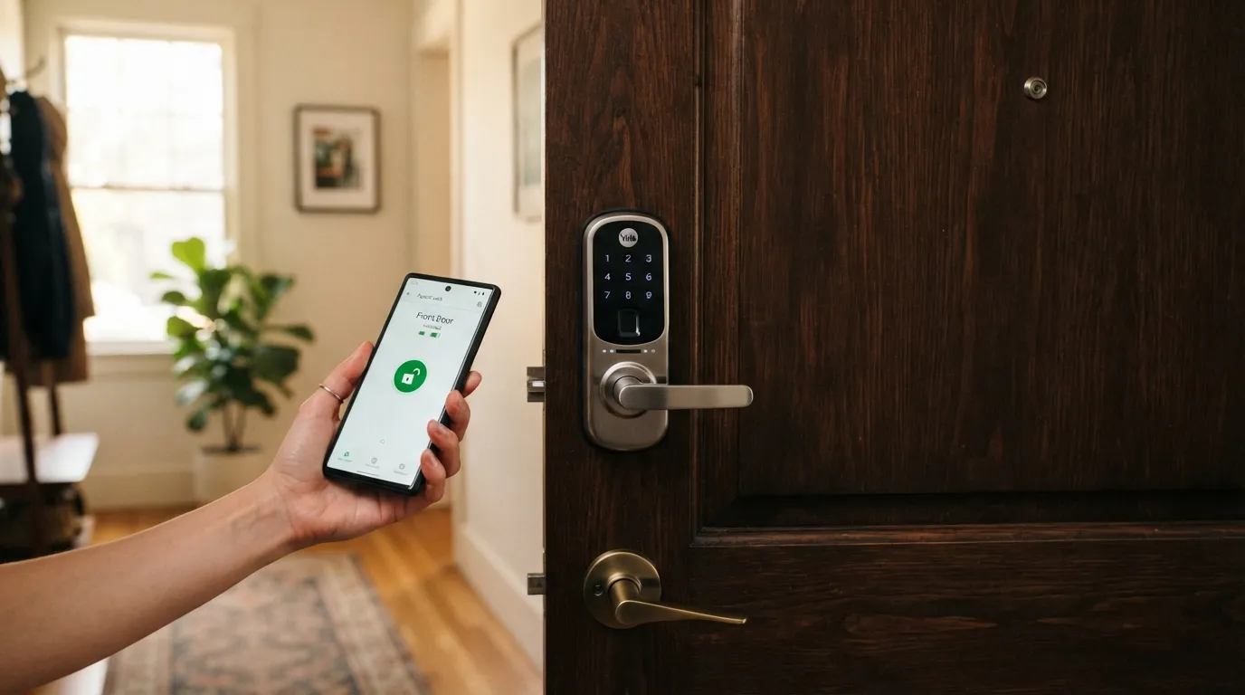 Serrure connectée installée sur une porte d'entrée, pilotée par application mobile