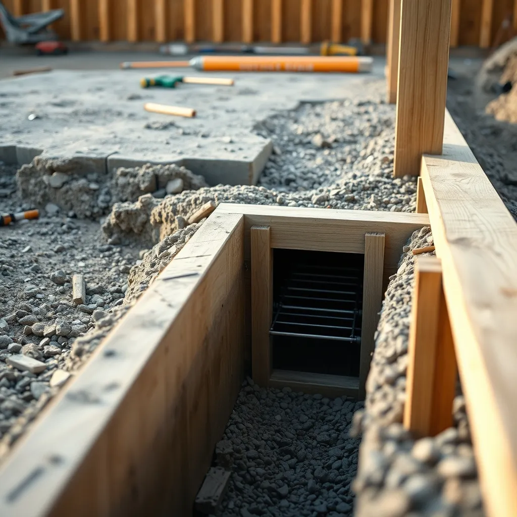 Coffrage en bois et cage d'armature en place avant le coulage du béton du seuil