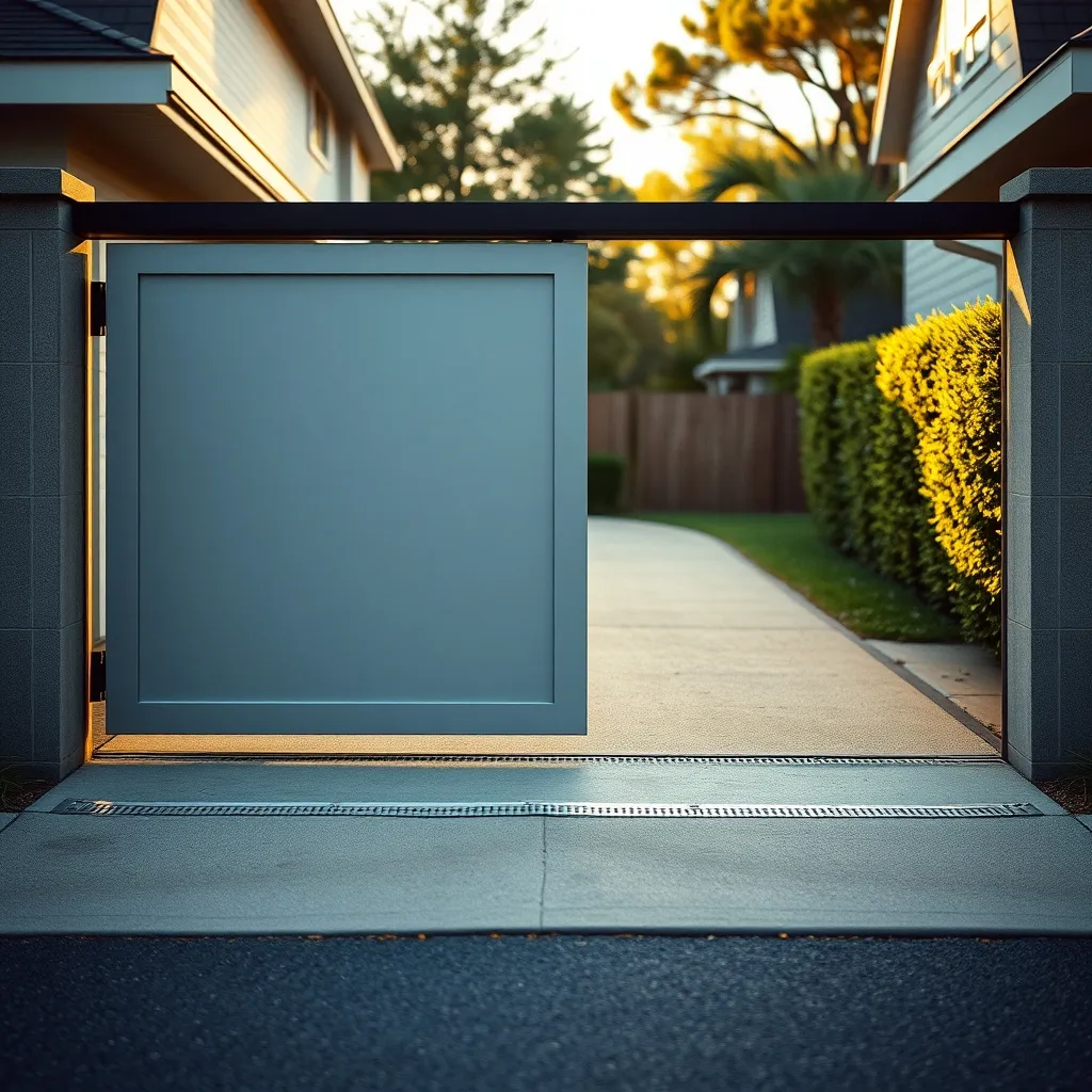 Portail coulissant aluminium installé sur son seuil béton avec rail de guidage au sol
