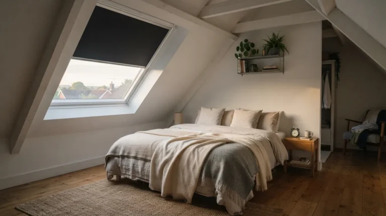 Store occultant installé sur une fenêtre de toit dans une chambre sous combles aménagés