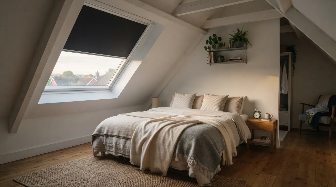 Store occultant installé sur une fenêtre de toit dans une chambre sous combles aménagés