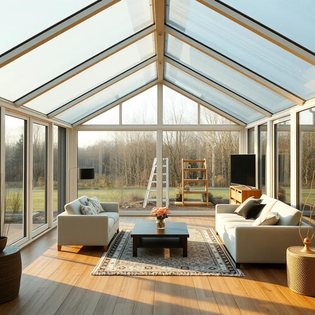 Intérieur d'une véranda quatre saisons aménagée en salon avec chauffage au sol