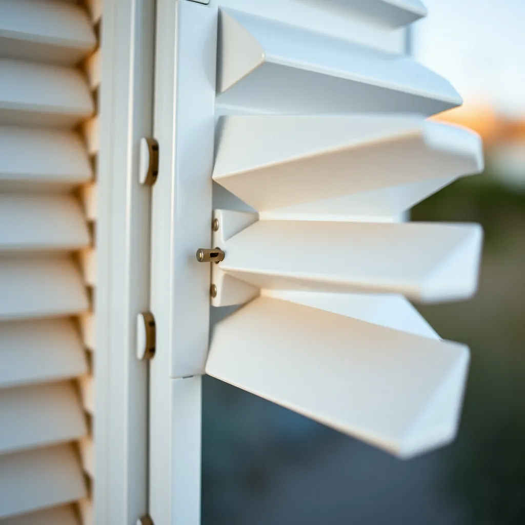 Détail des charnières et lames persiennes d'un volet pliant PVC